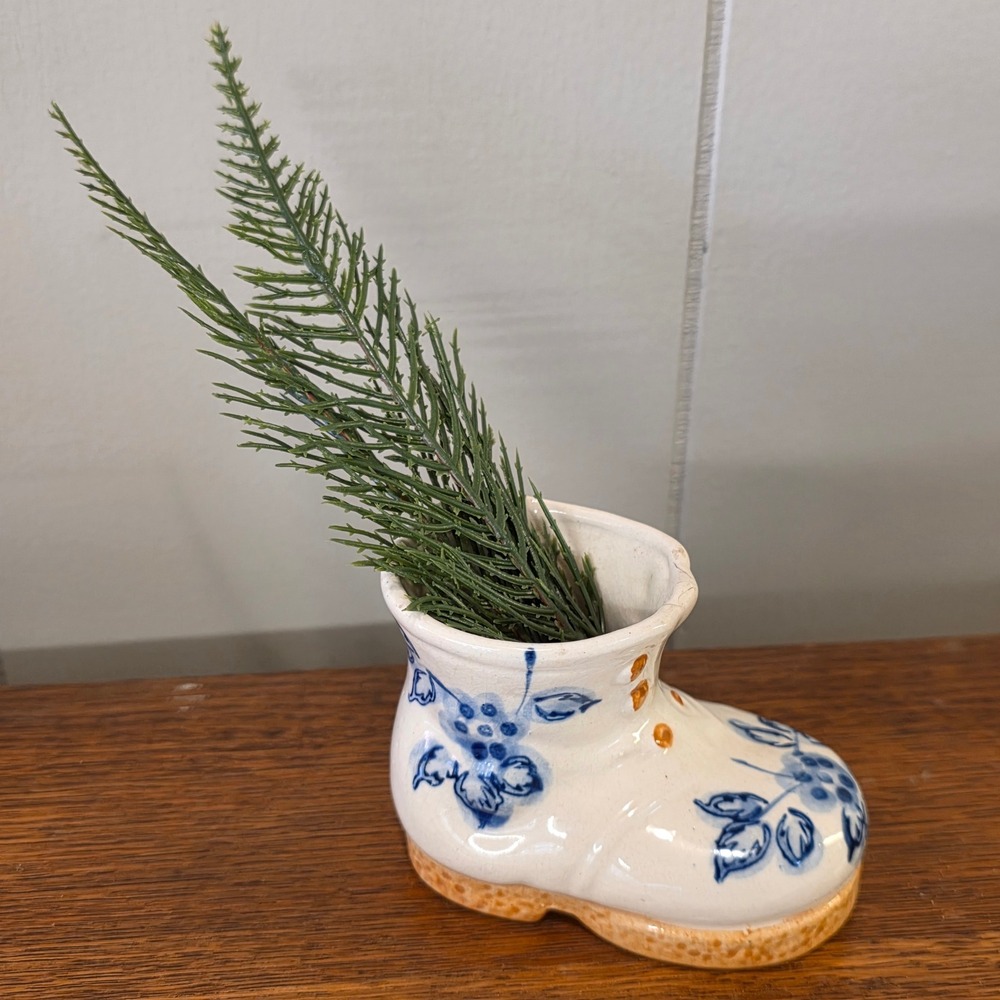 Vintage Pico Occupied Japan Ceramic Mini Boot Blue Floral Orange Trim Planter‎